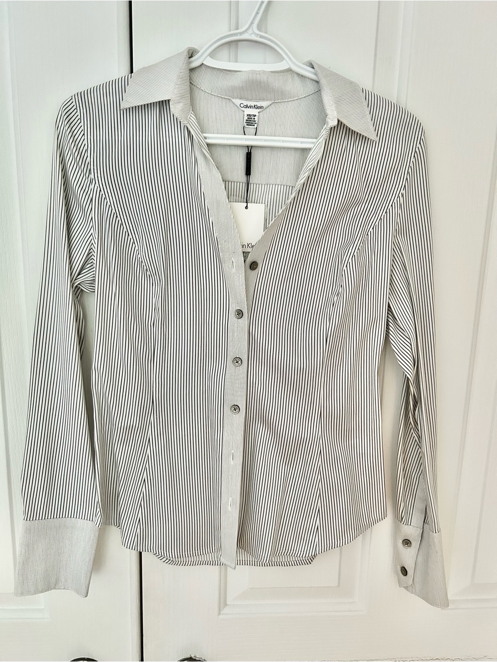Calvin Klein Women's White Shirt with Black Pinstripes